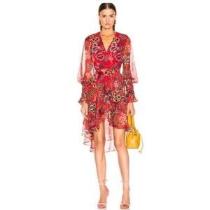 Alexis Sidony Red Floral Ruffle Smocked Wrap Dress, Size XS